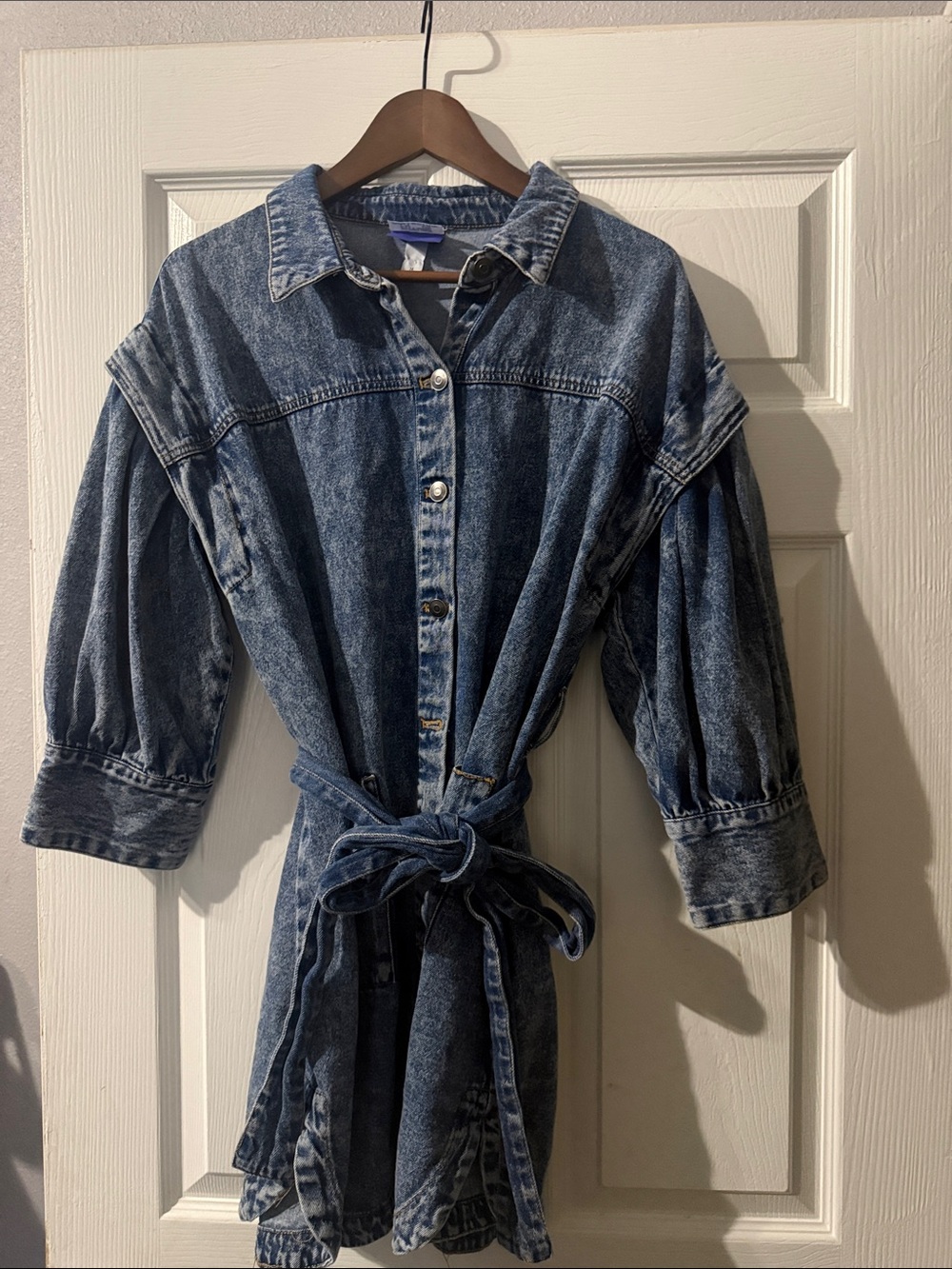 Washed Dark Blue Denim Tie-Waist Midi Dress
